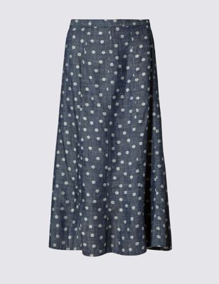 Spotted Jacquard Denim A-Line Skirt with Linen
